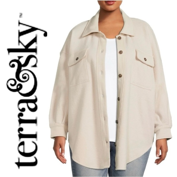 TERRA & SKY Cream Fleece Two Pocket Shacket Button Down Top Shirt Wmn 2X 20W 22W - Picture 1 of 16